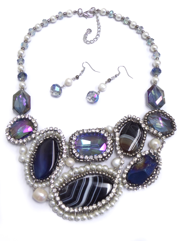 Boutique luxury semi precious stone and fresh water pearl and crystal deco statement necklace set