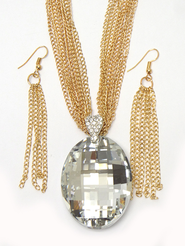 Facet oval glass and multi row chain necklace set