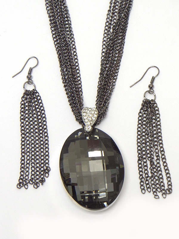 Facet oval glass and multi row chain necklace set 