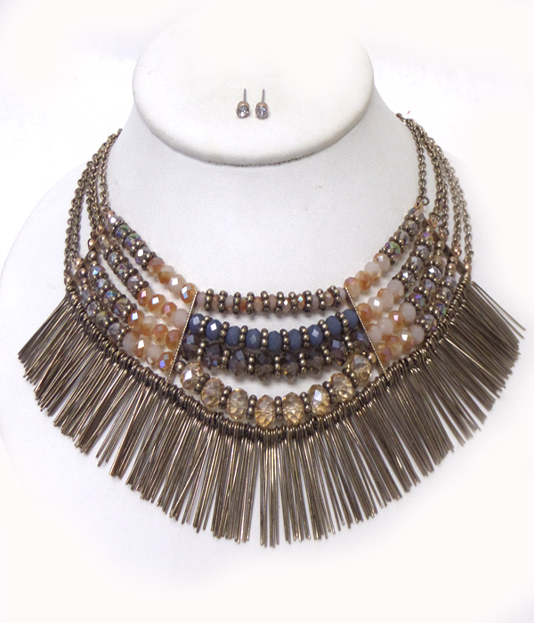 Multi layer beads and metal drop bib necklace set
