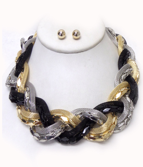 Braided mixed tube metal chain necklace set