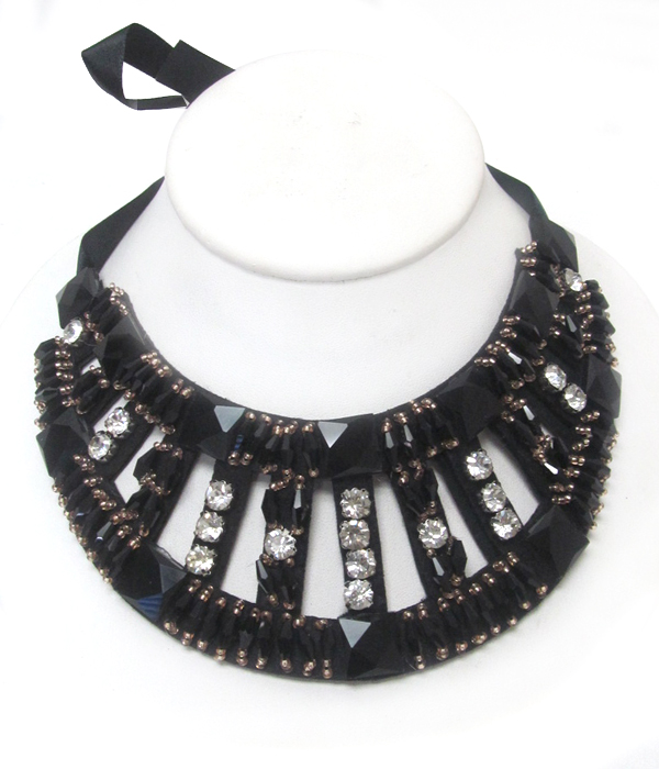 Layered crystals bow tie back bib necklace
