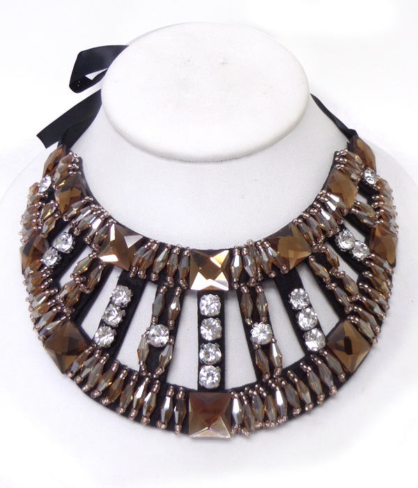Multi crystals and stones bow tie back bib necklace 