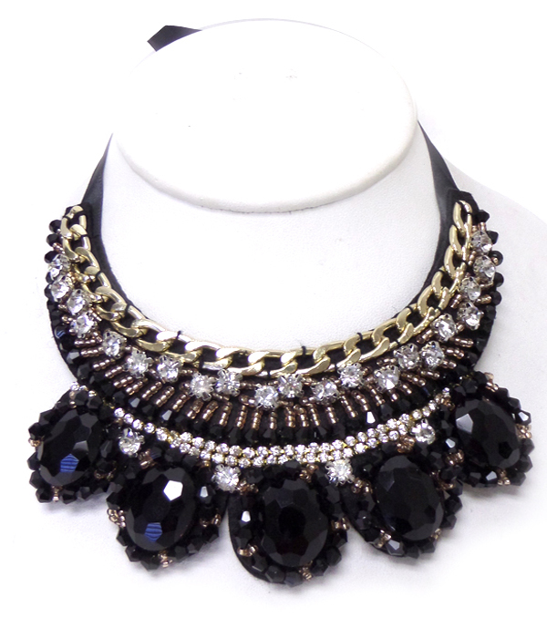 Multi layer metal chain and crystal designs bow tie back bib necklace 