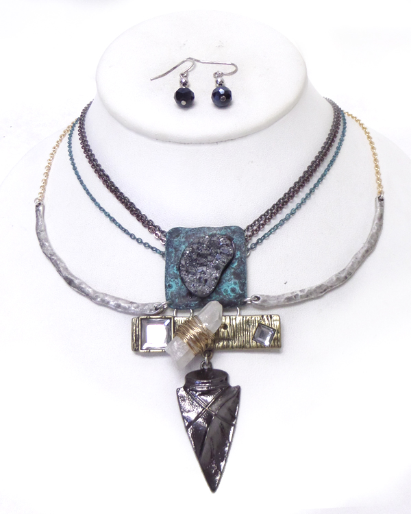 Druzy and arrowhead multi layer primitive necklace set