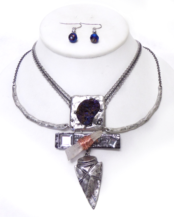 Druzy and arrowhead multi layer primitive necklace set