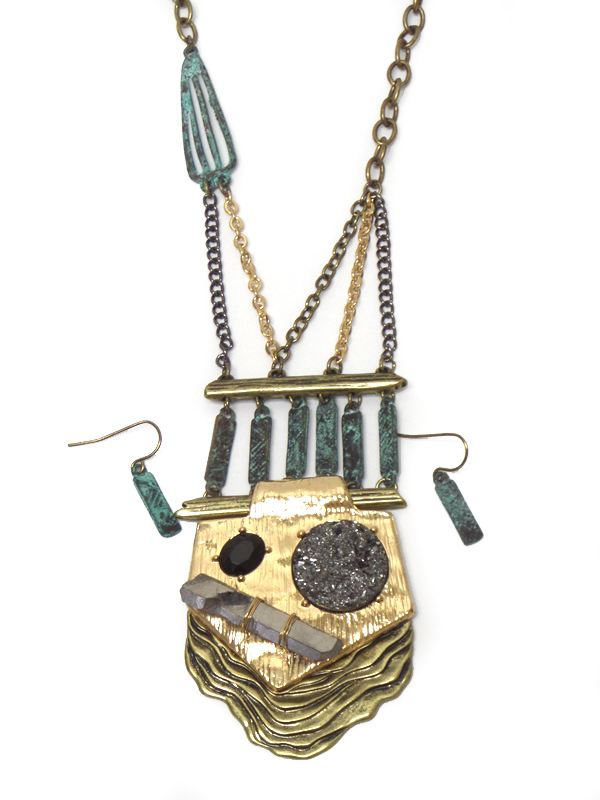 Druzy and semi precious stone mix long necklace set