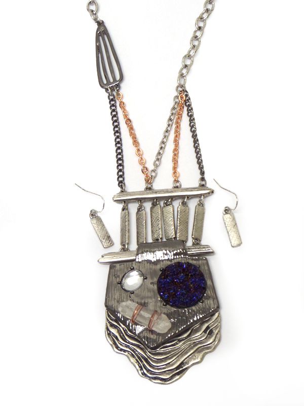 Druzy and semi precious stone mix long necklace set