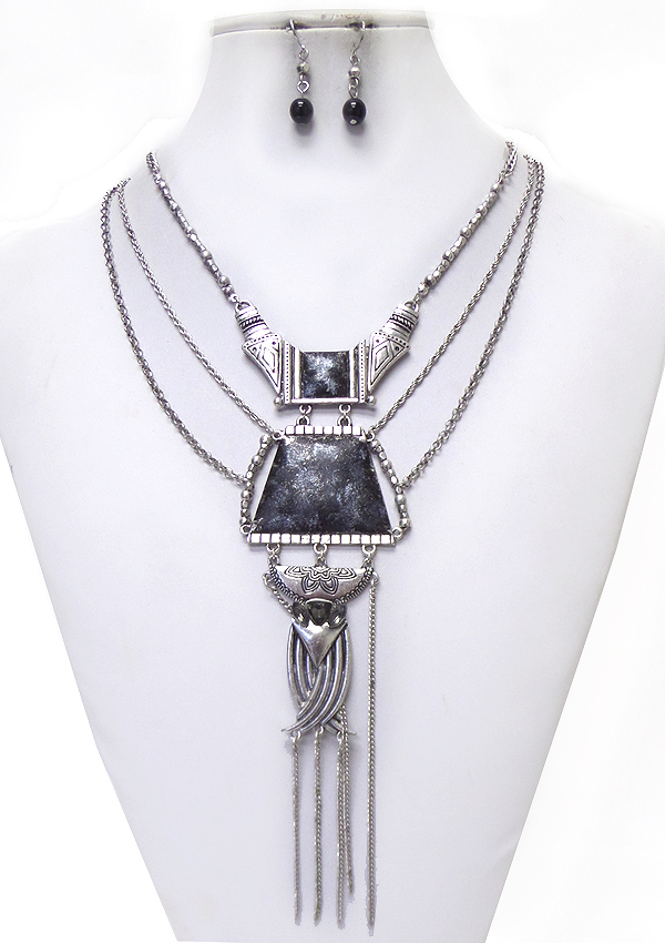 GRANITE TEXTURED AND TASSEL DROP MULTI LAYER NECKLACE SET