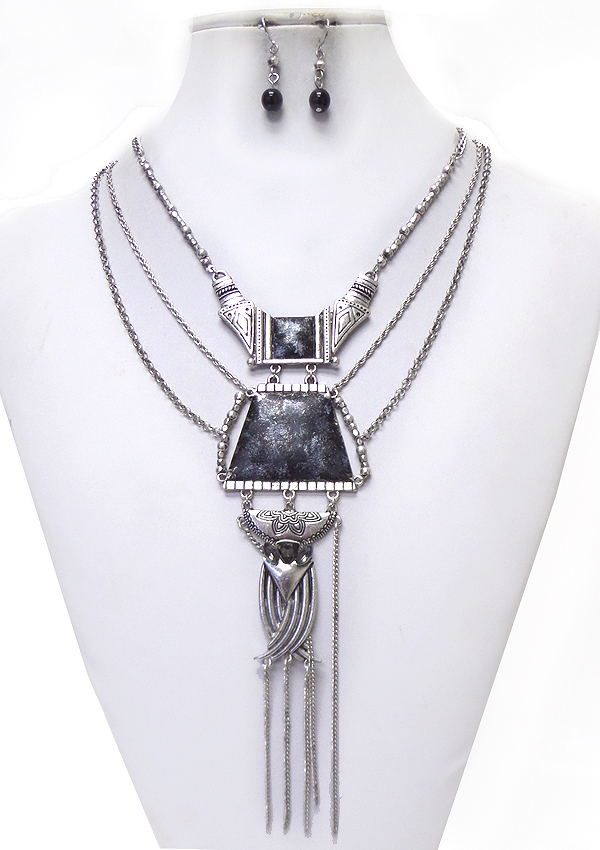 Granite textured and tassel drop multi layer necklace set