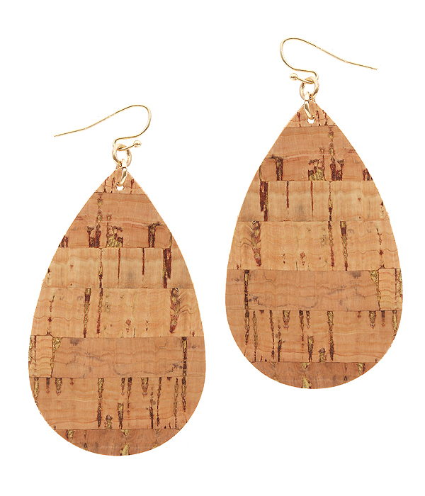 CORK WOOD PRINT LEATHERETTE TEARDROP EARRING