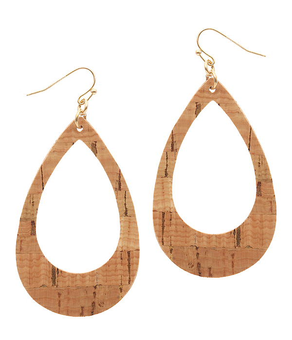 Cork wood print leatherette open teardrop earring