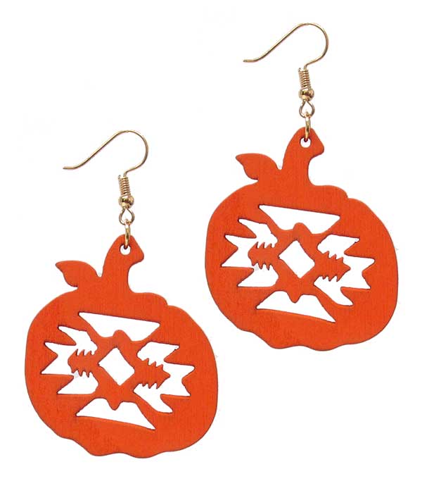 LASER CUT NATURAL WOOD FILIGREE EARRING - PUMPKIN