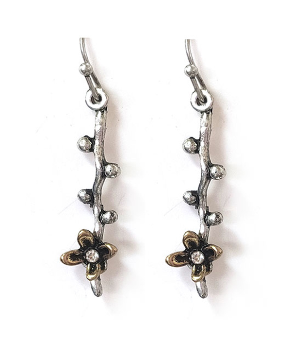 ANTIQUE SILVER FLOWER AND STEM DROP EARRING