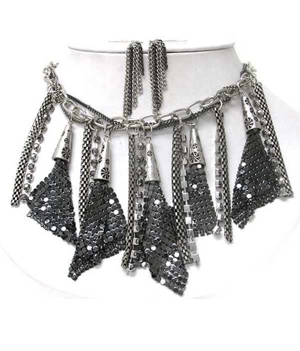 Metal mesh and crystal tassel dangle necklace earring set
