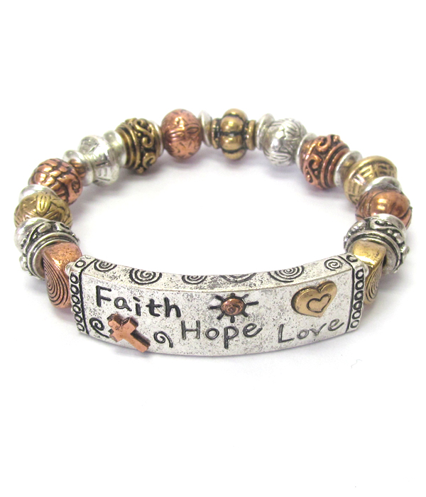 Religious inspiration multi metal ball link stretch bracelet - faith hope love