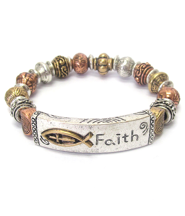 Religious inspiration multi metal ball link stretch bracelet - faith