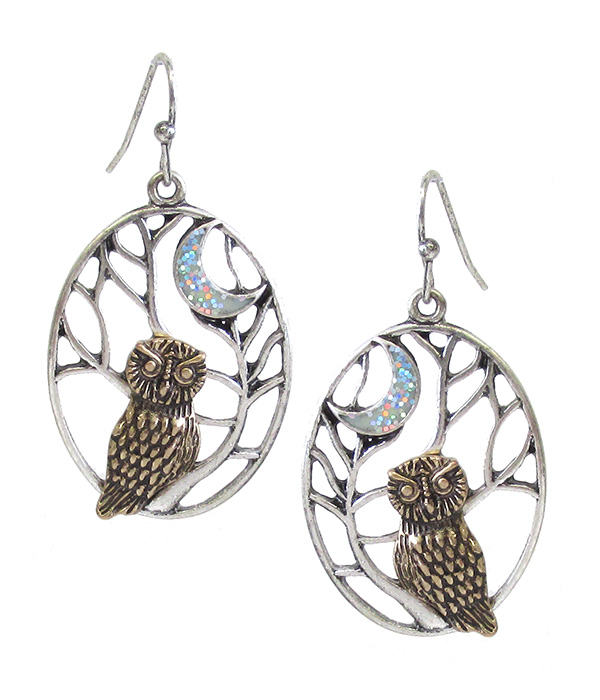 METAL FILIGREE PATINA OWL EARRING