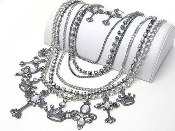 Crystal stud mixed charm dangle multi chain and rhinestone neckalce earring set