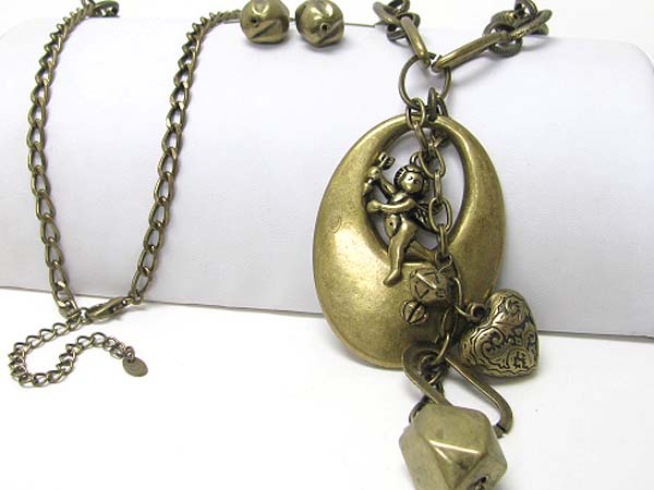 Angel and heart dangle antique metal pendant necklace earring set