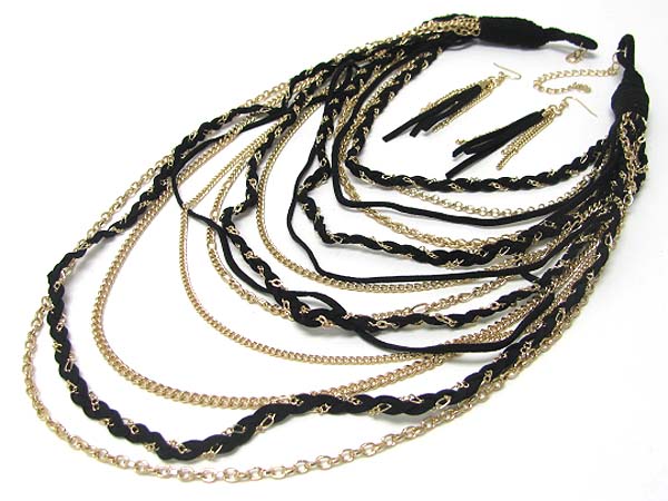 MULTI ROW SUEDE AND METAL BRAIDED CHAIN LONG NECKLACE EARRING SET