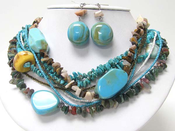 Multi row chunky acryl stone and mixed natural chip stone necklace earring set