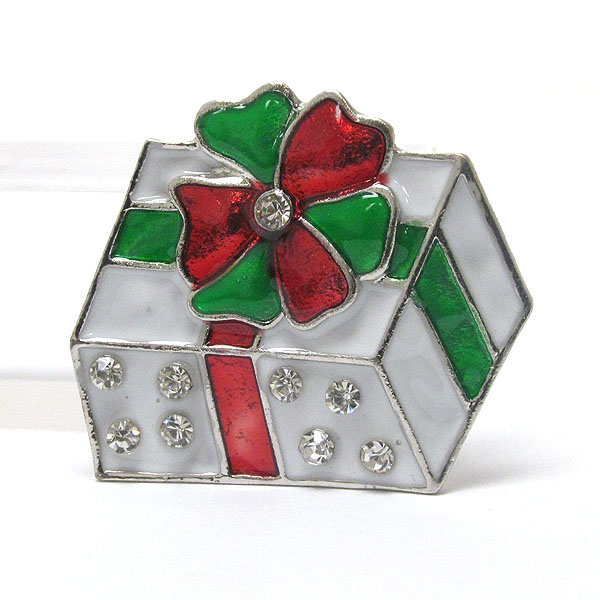 Crystal and epoxy deco christmas gift box pin or brooch