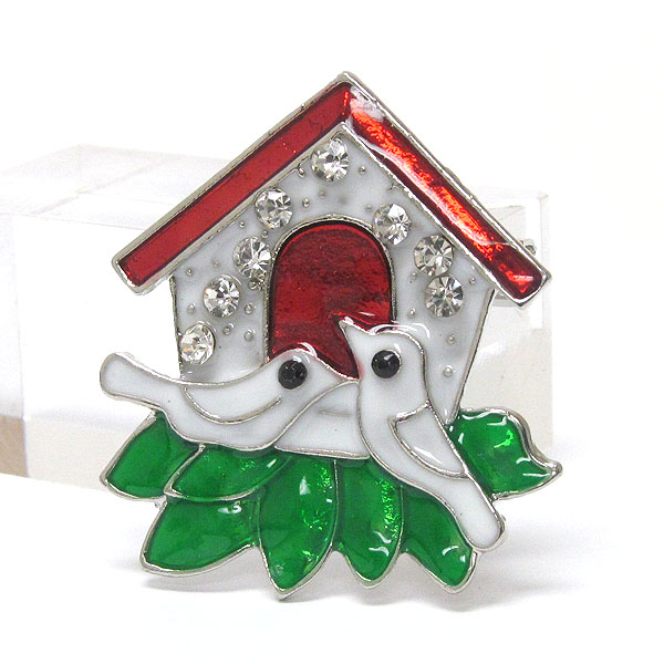 Crystal and epoxy deco christmas bird and nest pin or brooch