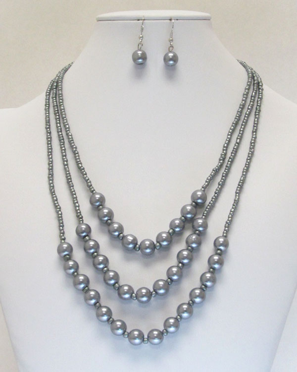 3 layered multi pearl chain necklace earring set
