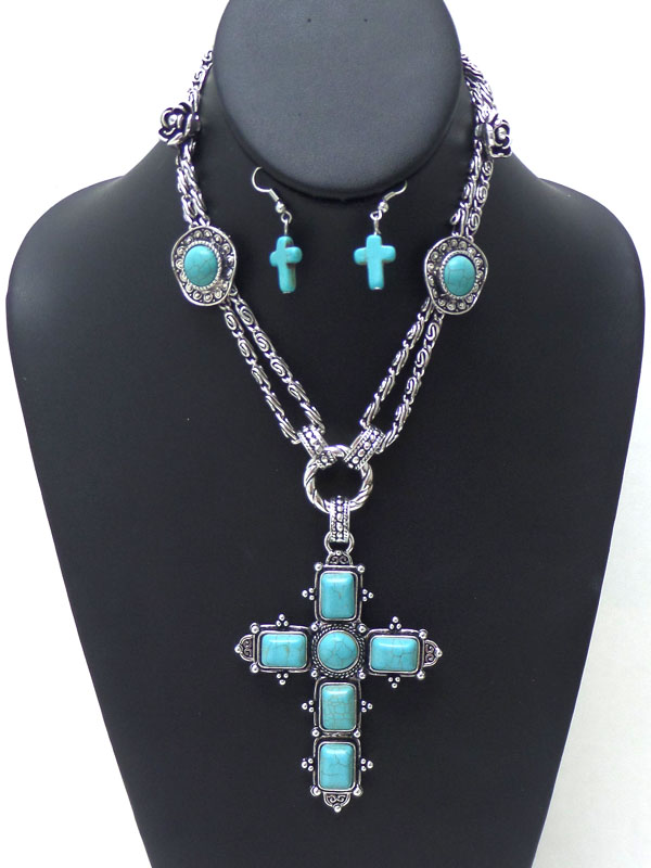 Turquoise stone cross necklace set