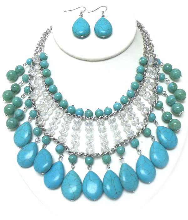 LAYERED TURQUOISE STONE AND BEADS NECKLACE SET