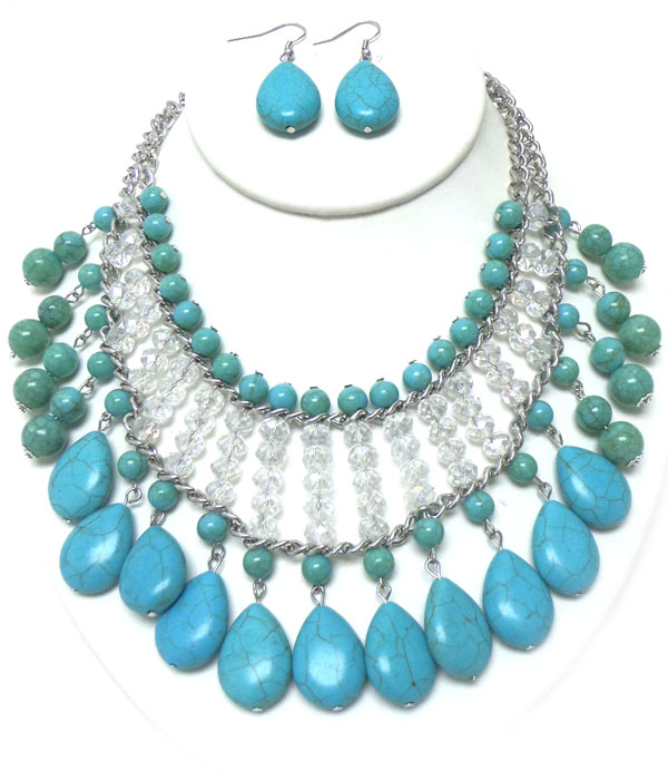 Layered turquoise stone and beads necklace set