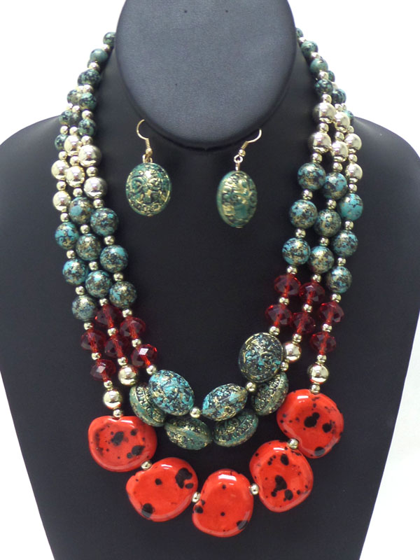 Layered stones and beads necklace set