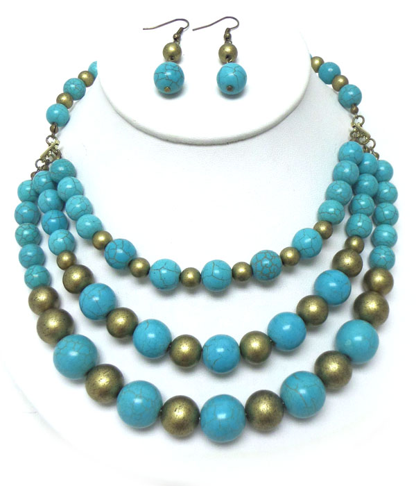 Three layer turquoise stone necklace set