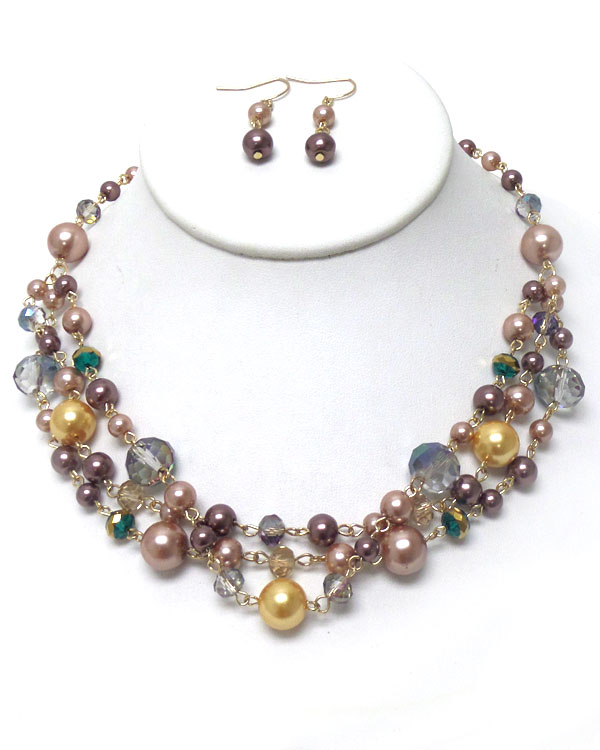 Three rows pearl and glass mixed necklace set
