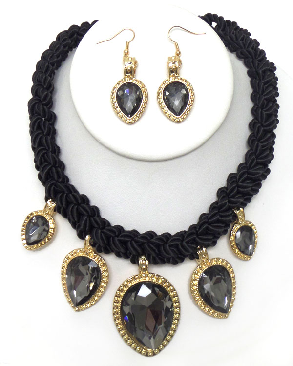 Black twisted rope with crystal drop necklace set 