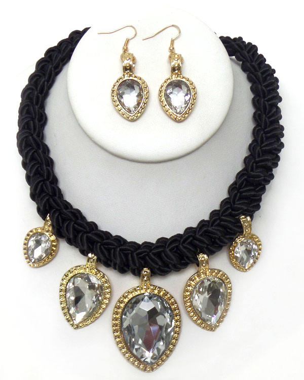 BLACK TWISTED ROPE WITH CRYSTAL DROP NECKLACE SET