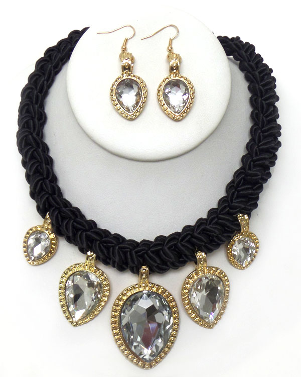Black twisted rope with crystal drop necklace set