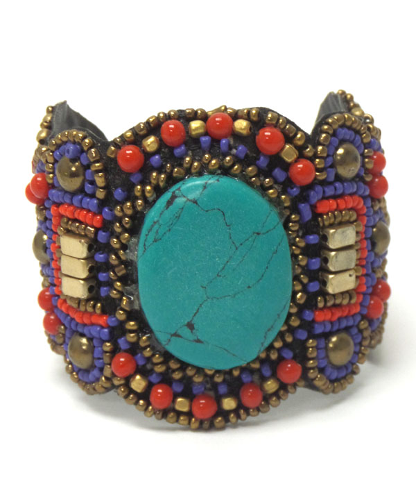 Handmade turquoise stone seed beads bangle bracelet