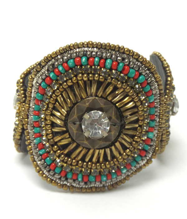 Handmade seed beads bohemian pattern bangle bracelet - brass