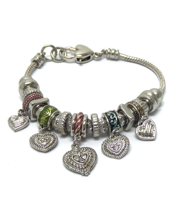Pandora style multi beads hearts charm bracelet