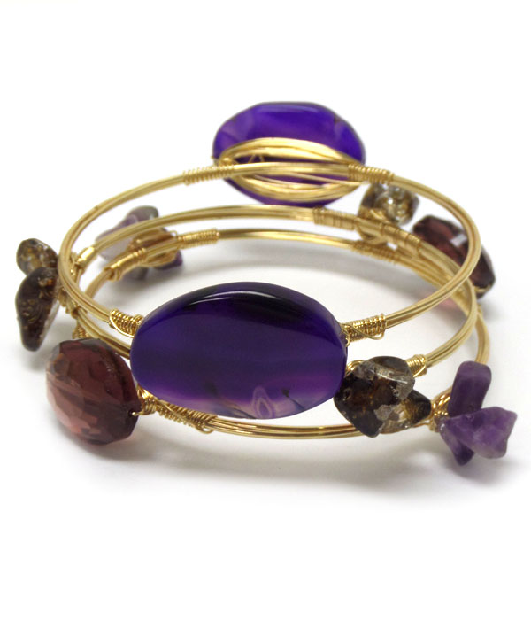 Quartz and glass stone mix handmade bourbon wire wrapped bangle bracelet set of three