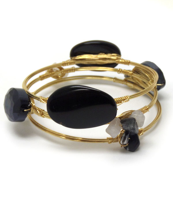 Quartz and glass stone mix handmade bourbon wire wrapped bangle bracelet set of three