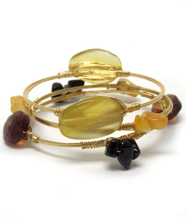 Quartz and glass stone mix handmade bourbon wire wrapped bangle bracelet set of three