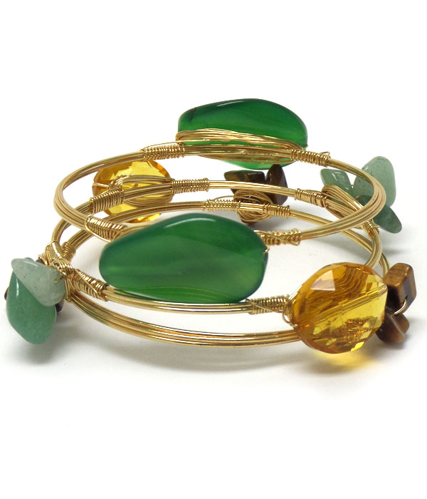 Quartz and glass stone mix handmade bourbon wire wrapped bangle bracelet set of three