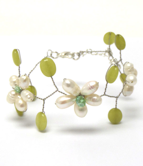 Handmade wire flower genuine fresh pearl bracelt