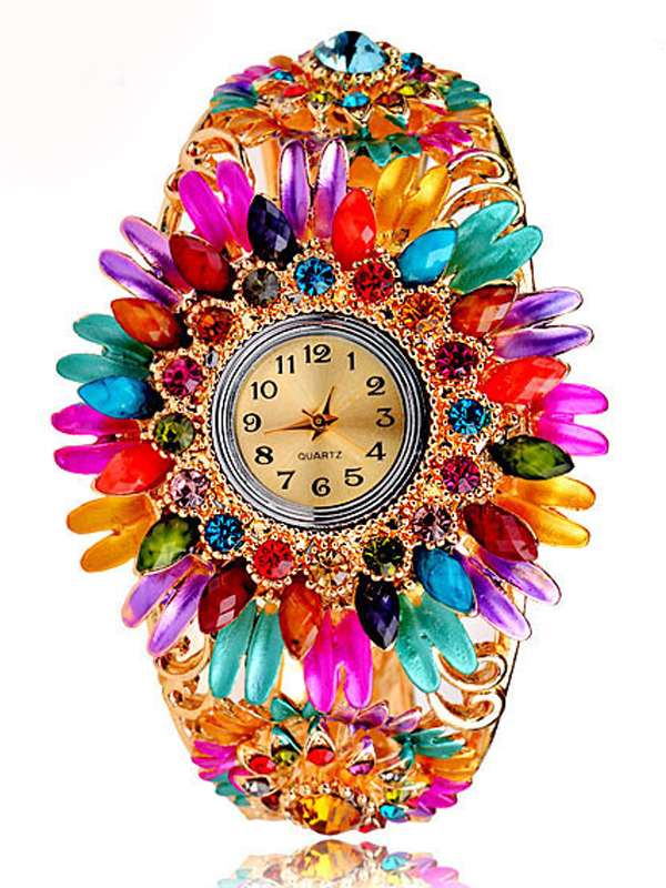 Crystal flower hinge bangle watch