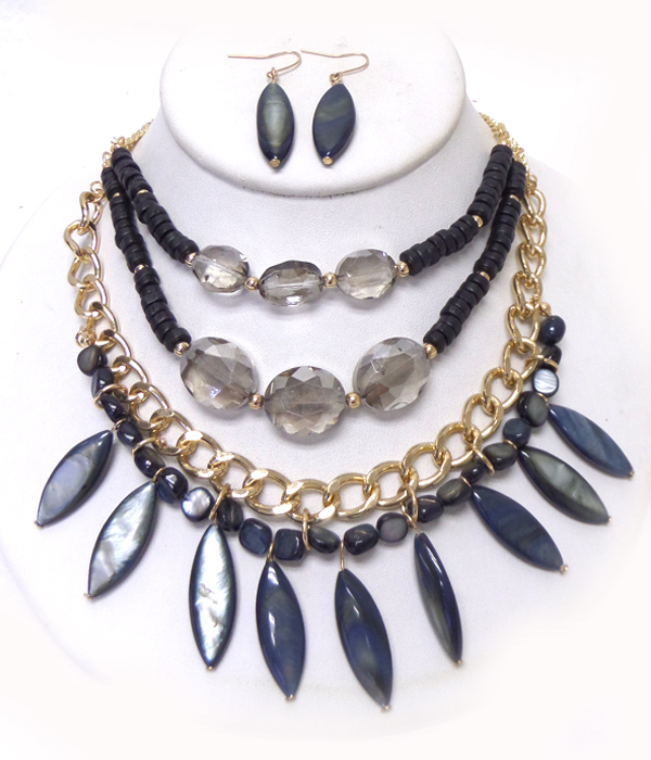 3 layer shell arrowhead and multi beads chain necklace set