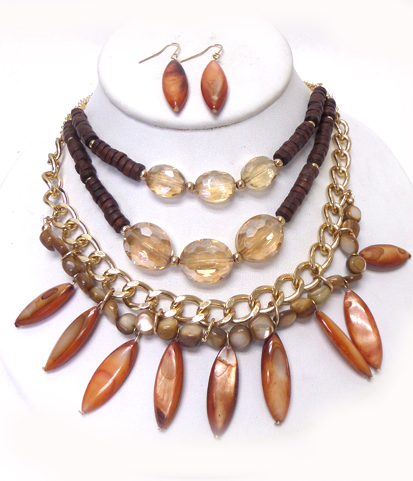 3 layer shell arrowhead and multi beads chain necklace set