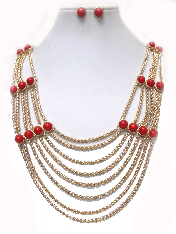 Multi layer round stone accent hanging chain necklace set